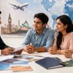 Professional visa consultant in Ahmedabad guiding an Indian student and family with study abroad, student visa, visitor visa, and immigration application documents.