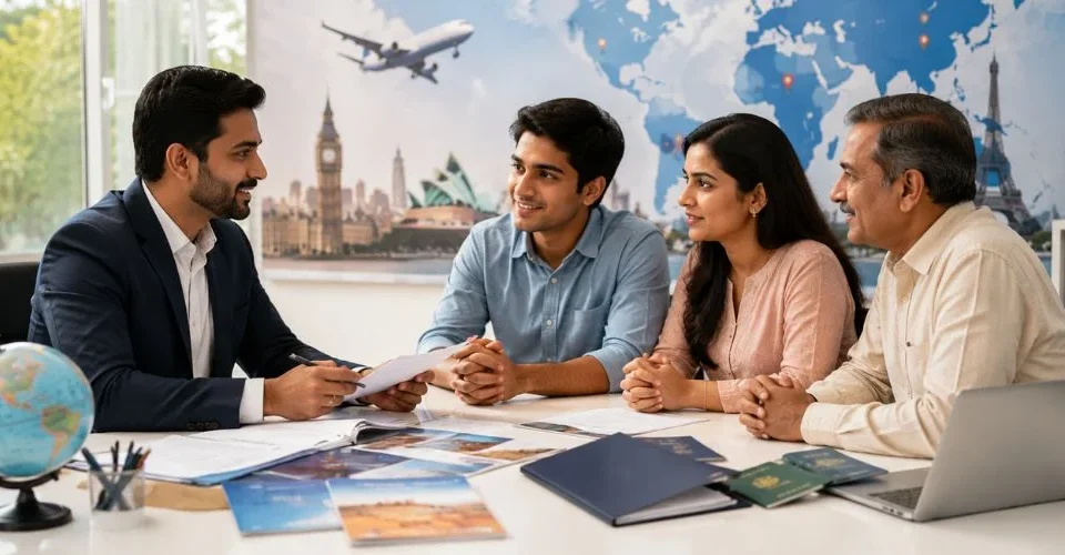 Professional visa consultant in Ahmedabad guiding an Indian student and family with study abroad, student visa, visitor visa, and immigration application documents.