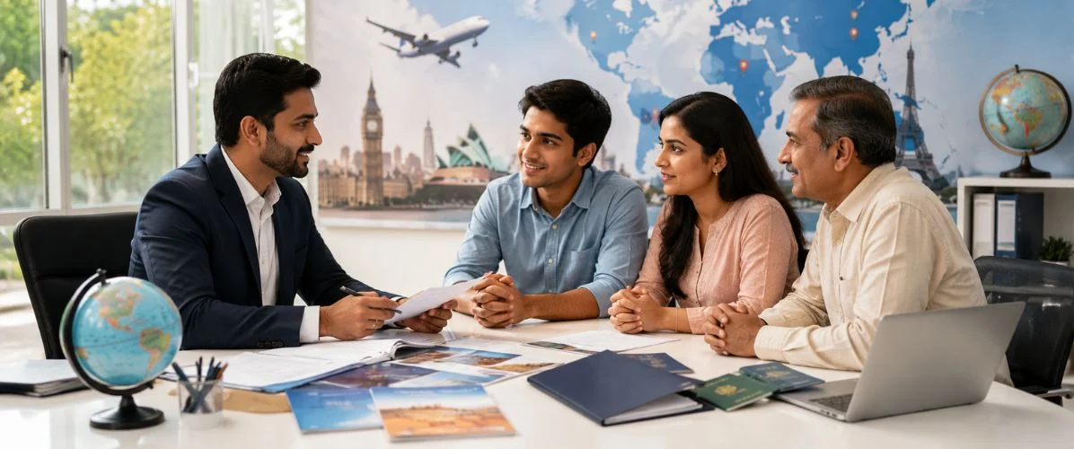 Professional visa consultant in Ahmedabad guiding an Indian student and family with study abroad, student visa, visitor visa, and immigration application documents.