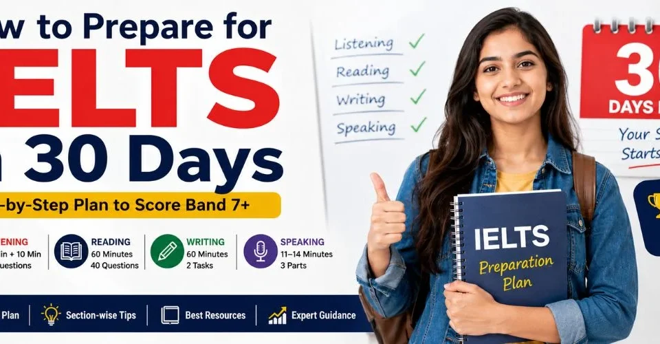 Student preparing for IELTS exam with a 30-day study plan, including Listening, Reading, Writing, and Speaking practice to achieve Band 7+ score.