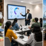 Indian students comparing IELTS coaching options, classroom training, and study abroad preparation in a modern educational environment.