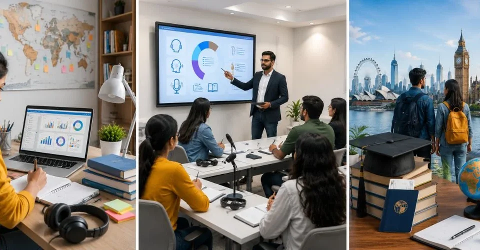 Indian students comparing IELTS coaching options, classroom training, and study abroad preparation in a modern educational environment.