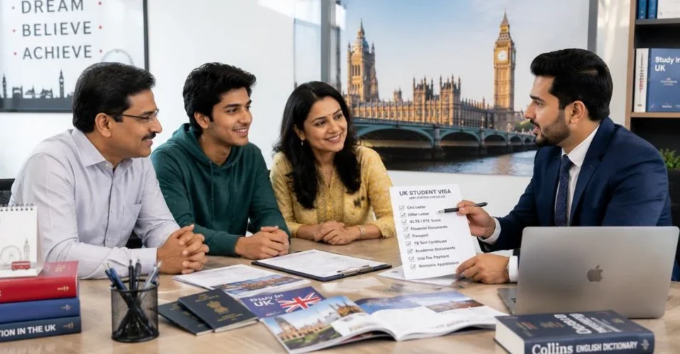 Professional UK student visa consultant in Ahmedabad guiding Indian students and parents for UK university admission and student visa process.
